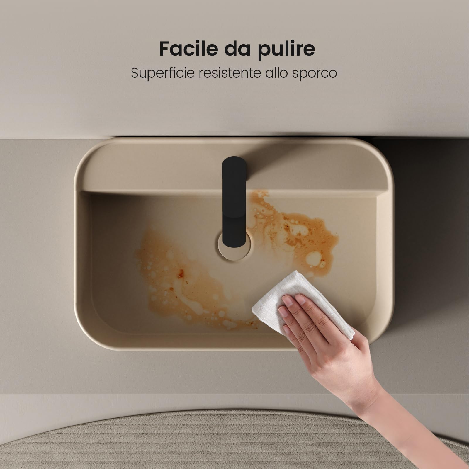 EMKE Lavabo da Appoggio e Sospeso 50 x 40 x 11 cm, Lavandino Rettangolare in Ceramica Beige opaco con Angoli Arrotondati, Lavello Moderno Salvaspazio per Bagno e WC - Senza Rubinetto e Piletta