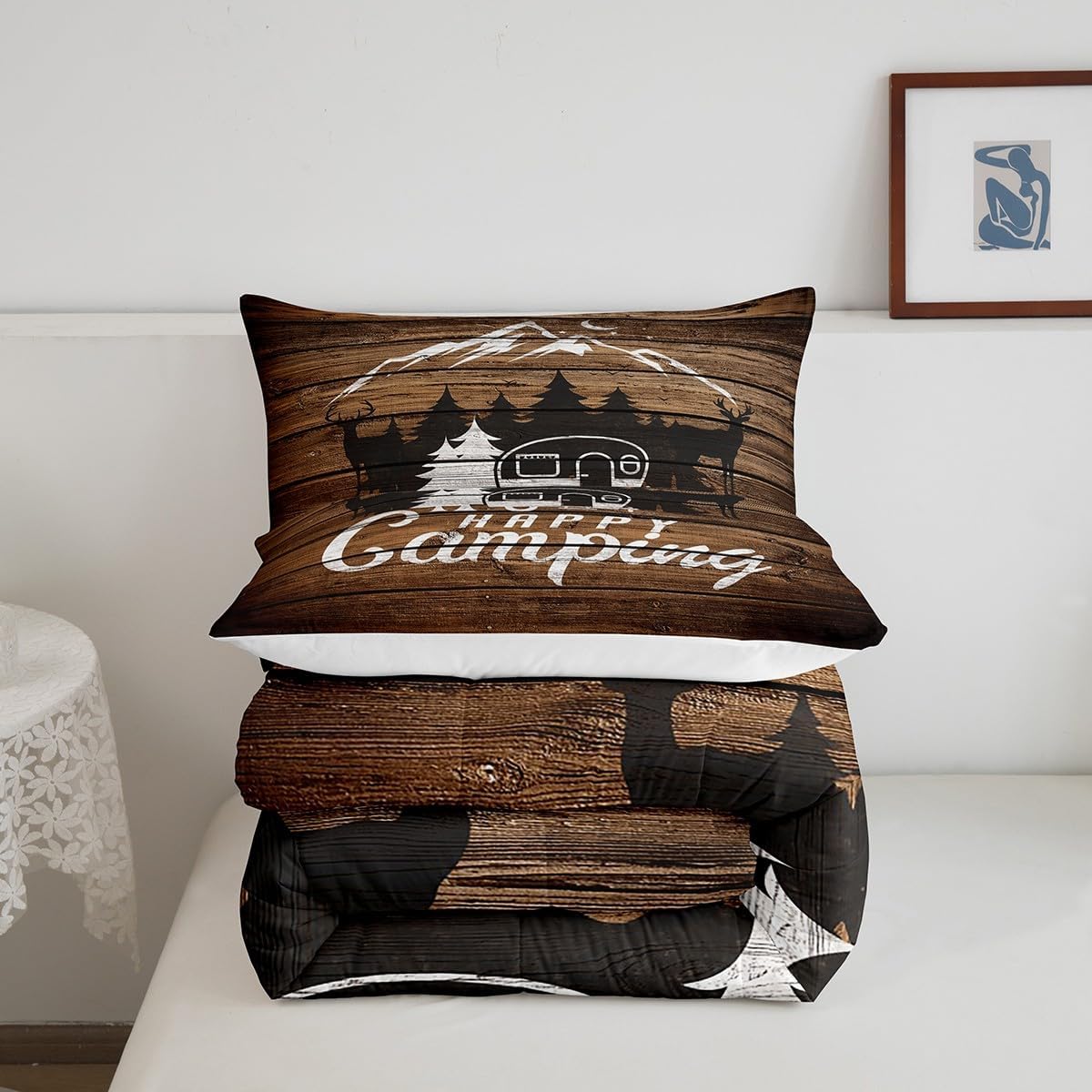 Feelyou Happy Camping Comforter Queen Size Camper Bedding Set for Boys Girls Teens Bedroom Decor Kids RV Camping Comforter Set Farmhouse Trailers Camper Duvet Set with 2 Pillow Case