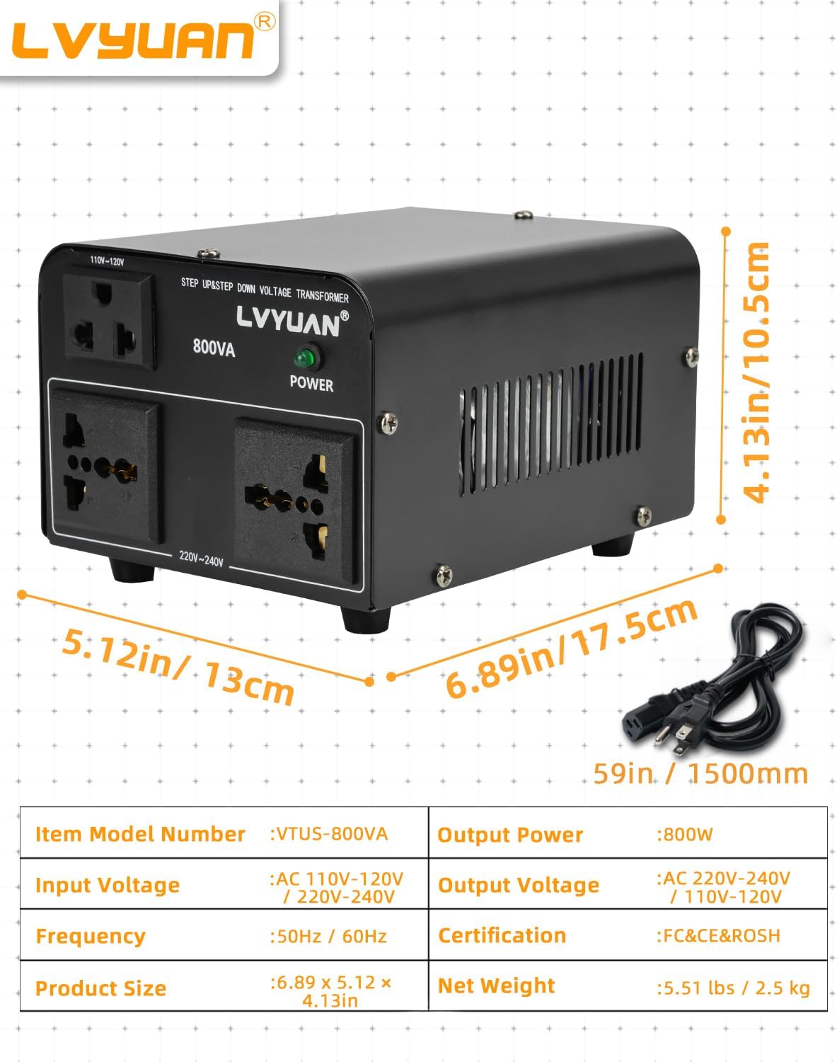 Image showing the dimensions of the LVYUAN 800W voltage converter in inches and centimeters, along with a table of specifications including model number, input/output voltage, frequency, product size, net weight, and certification.