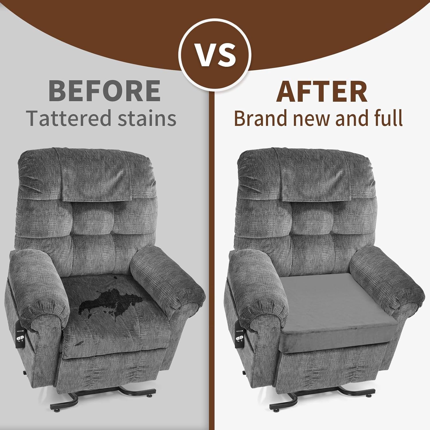 SINOSSO Velvet Large Chair Cushion for Elderly 20" x 20" x 3", High Density Foam Seat Cushion for Recliner Couch Armchair, Thickened Chair Pad, Gray