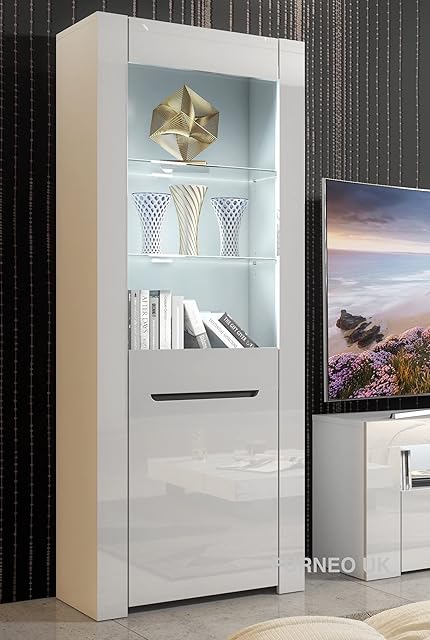 Furneo High Gloss & Matt White Display Cabinet Cupboard Milano09 White LED Lights