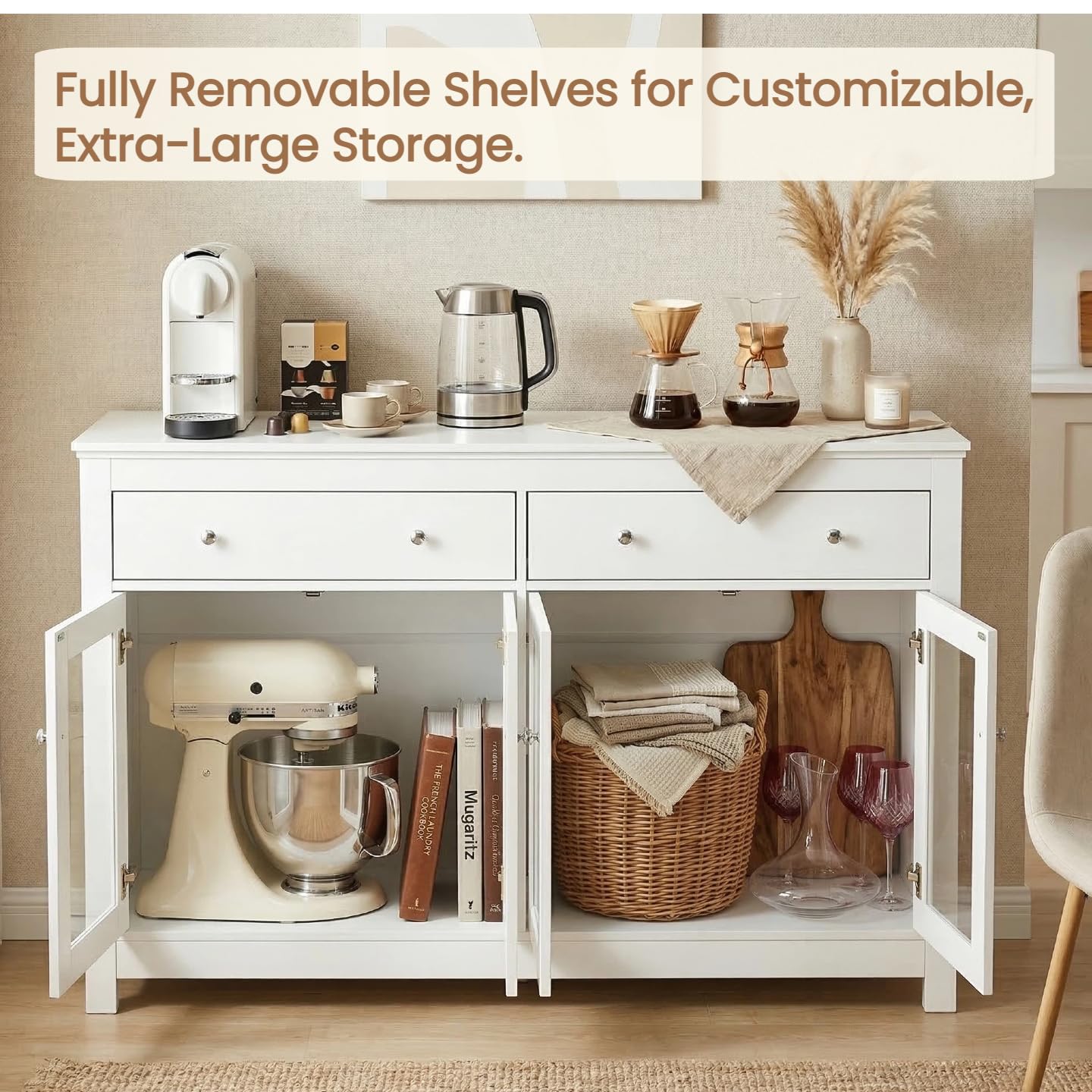 Sideboard,Küchenschrank mit Arbeitsplatte,Küchenommode mit 4 glastüren,2 Schubladen,Verstellbaren Regalen & Anti-Kipp-Set,für Küche Wohnzimmer Esszimmer,Buffetschrank 140x90x40cm,Weiß