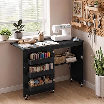 DORTALA Folding Sewing Table with Charging Station, Rolling Craft Station with 3 Storage Bins & Open Shelf, Mobile Sewing Machine Desk with Lockable Wheels for Home, Small Spaces (Black)