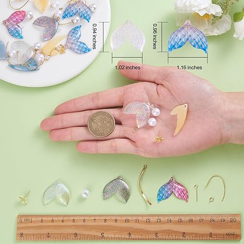 Miniatura 2 de WEWAYSMILE 1 caja de 6 pares de aretes de cola de sirena, aretes colgantes de resina de sirena, aretes de playa de cola de pez, kit de iniciación