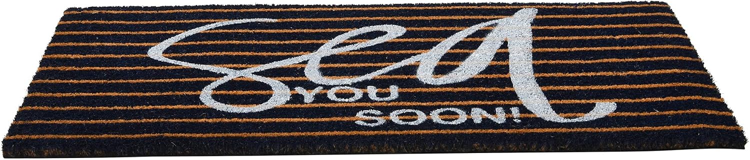 Creative Co-Op Coir Entry Doormat Sea You Soon with Non-Slip Liner Backing for Nautical or Coastal Home Décor, Brown & White Stripe Design