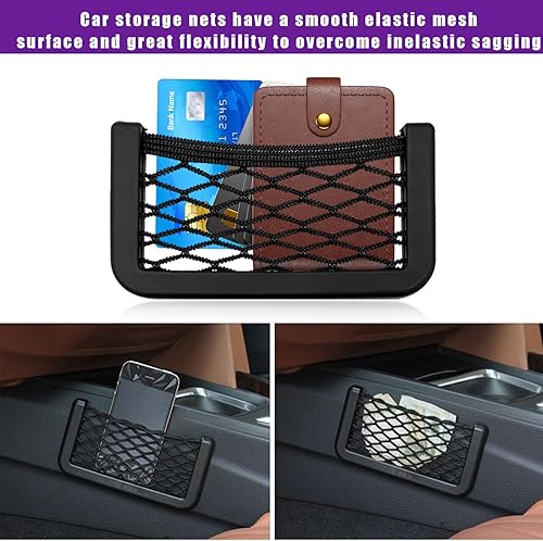 Miniatura 4 de 2 unidades de red para teléfono de bolsillo para automóvil, bolsa de red de almacenamiento lateral universal para asiento con cinta de doble cara,