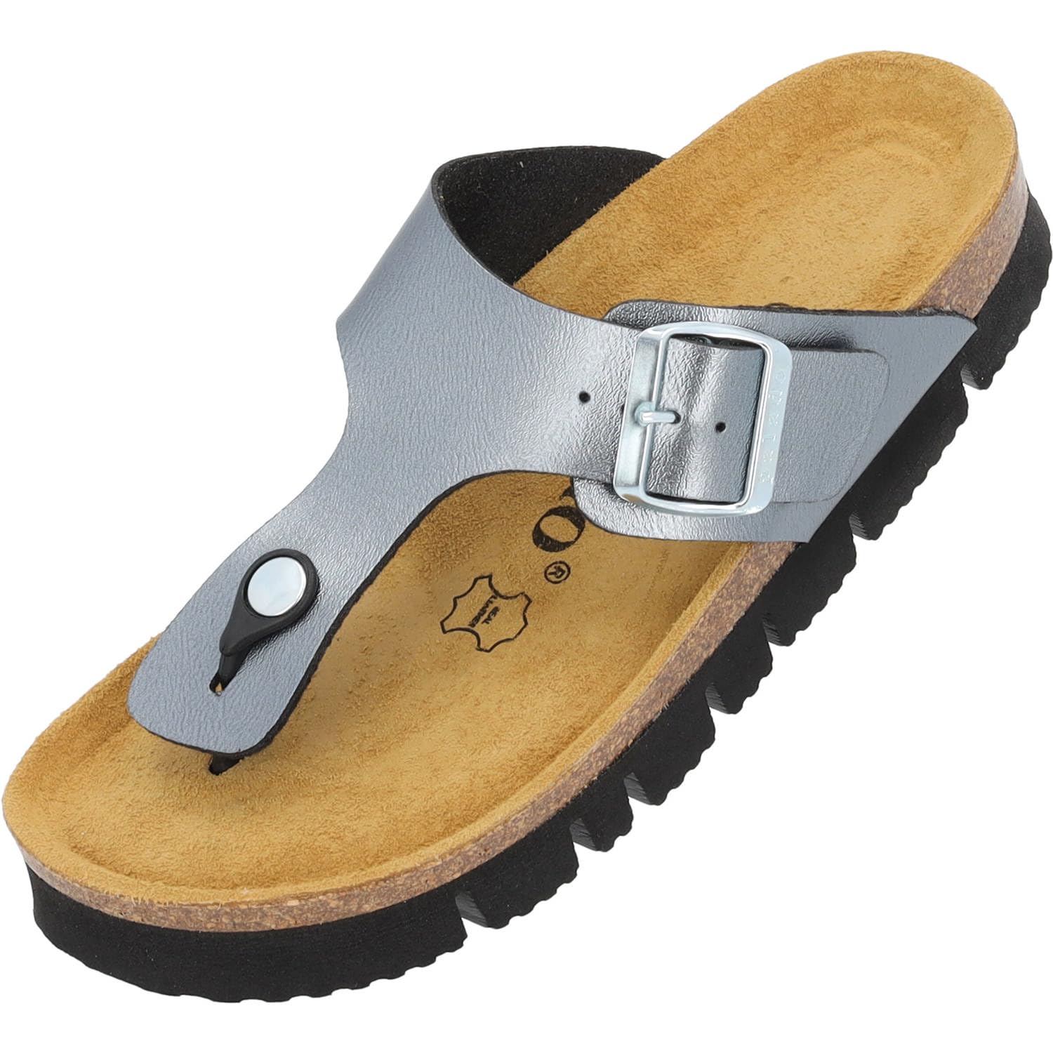 Palado Zehentrenner Damen Kos PL Metallic – gefertigt in Spanien – Plateau-EVA-Sohle – glänzende Lackoptik – Weichfußbett – Veloursleder-Decksohle