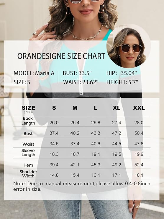 ORANDESIGNE Women's 3/4 Length Sleeve Tops Quarter Zipper Pullover Shirts