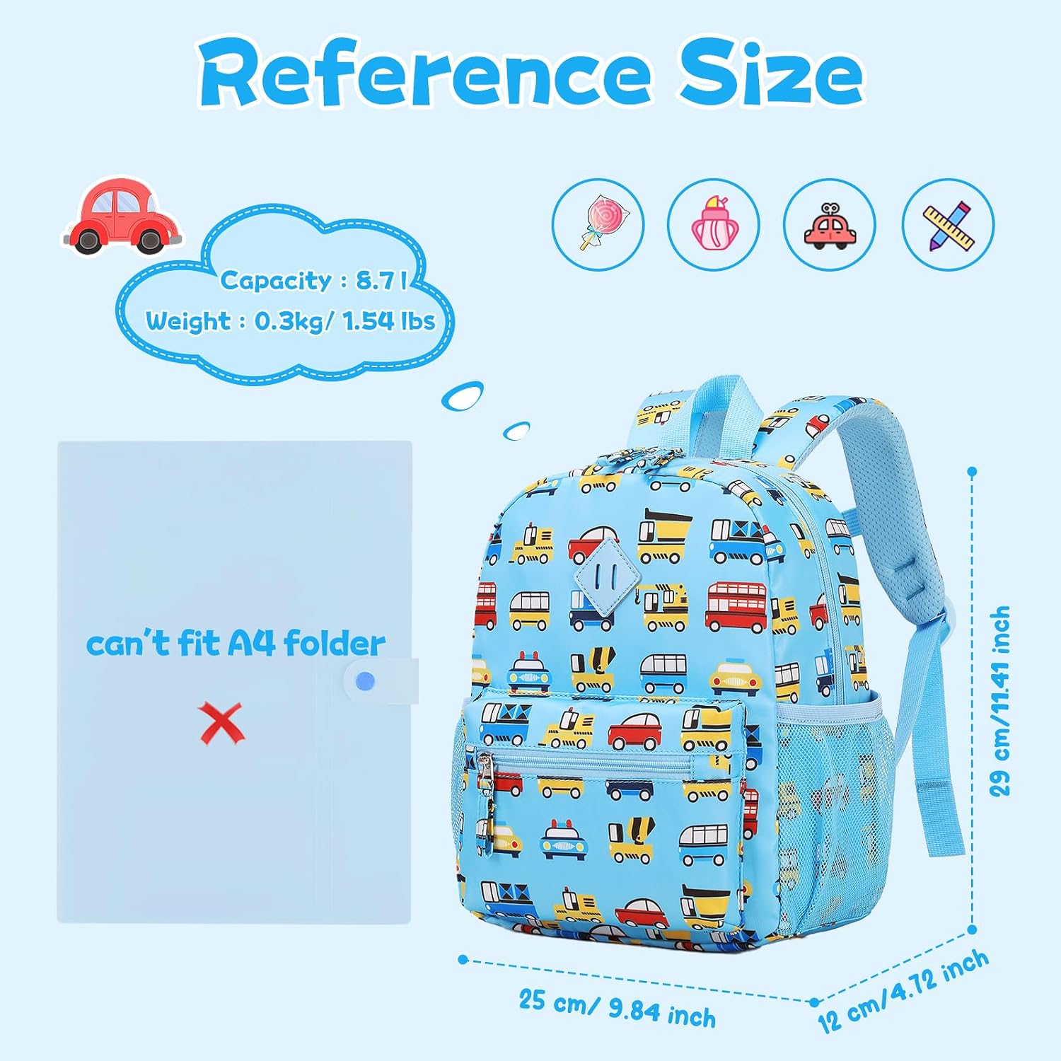 Toddler Backpack for Boys, 12'' Mini Preschool Backpack for Kids Age 2-4 Years Old Small Toddler Bookbag for Kindergarten with Chest Buckle and Reflective Strip, Blue Car - Image 3