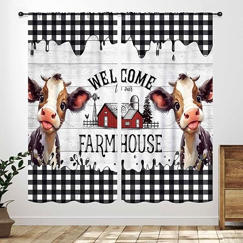 Miniatura 19 de Cortinas de cocina de granja, animales de granja rústica, gallo, pollo, leche, vaca, cerdo, molino de viento, granero rojo, retro, casa rural,