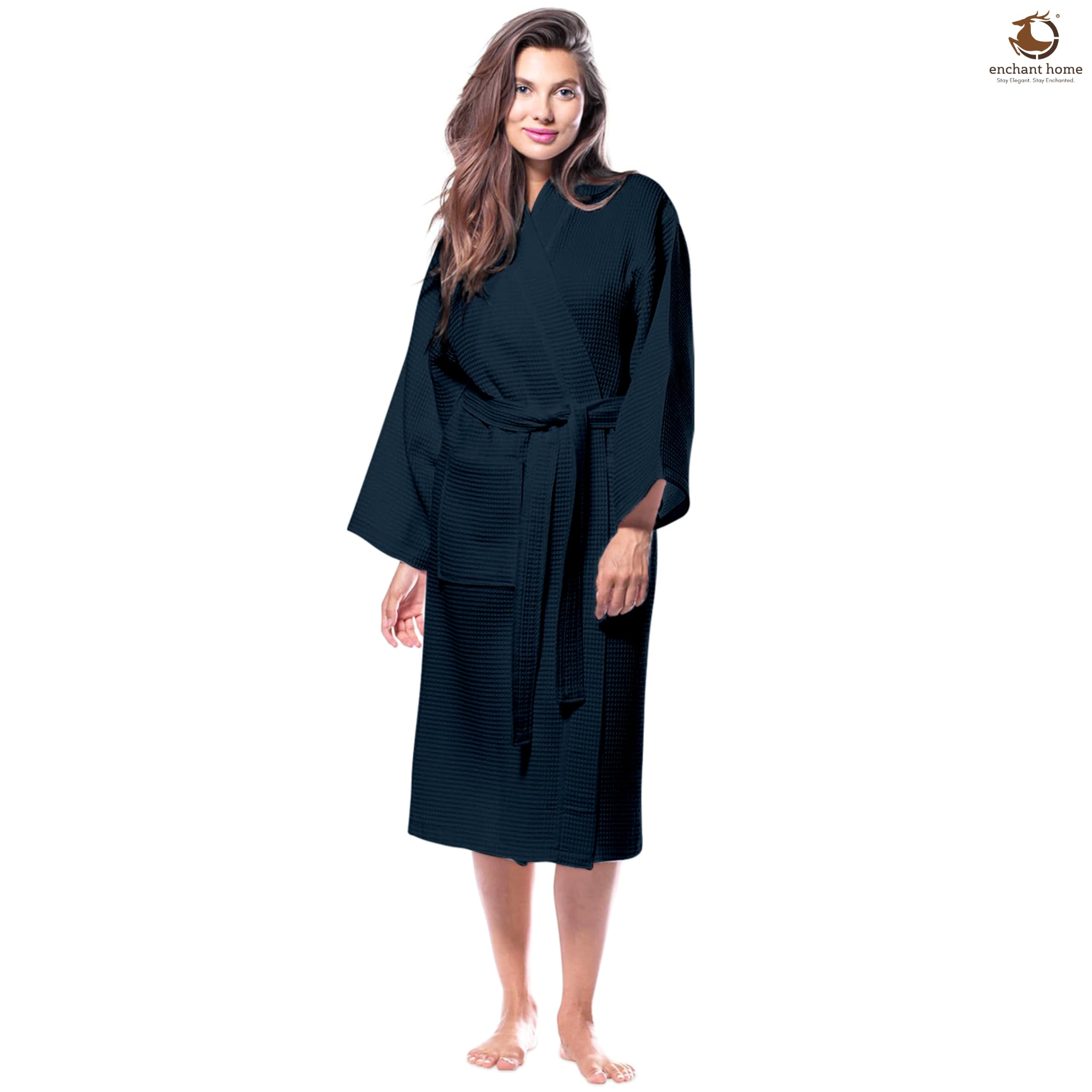 Enchant Home Navy Blue Cotton Waffle Bathrobe for Women and Men, Lightweight Soft Unisex Knee Length Cotton Robe, Premium Comfortable Dressing Gown for Home Loungewear Use and Relaxation Bathrobe 1