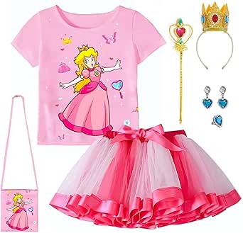 ADREIT Princess Peach Costume for Girls Kids, Princess Peach Tutu Dress with Accessories Cosplay Christmas Party
