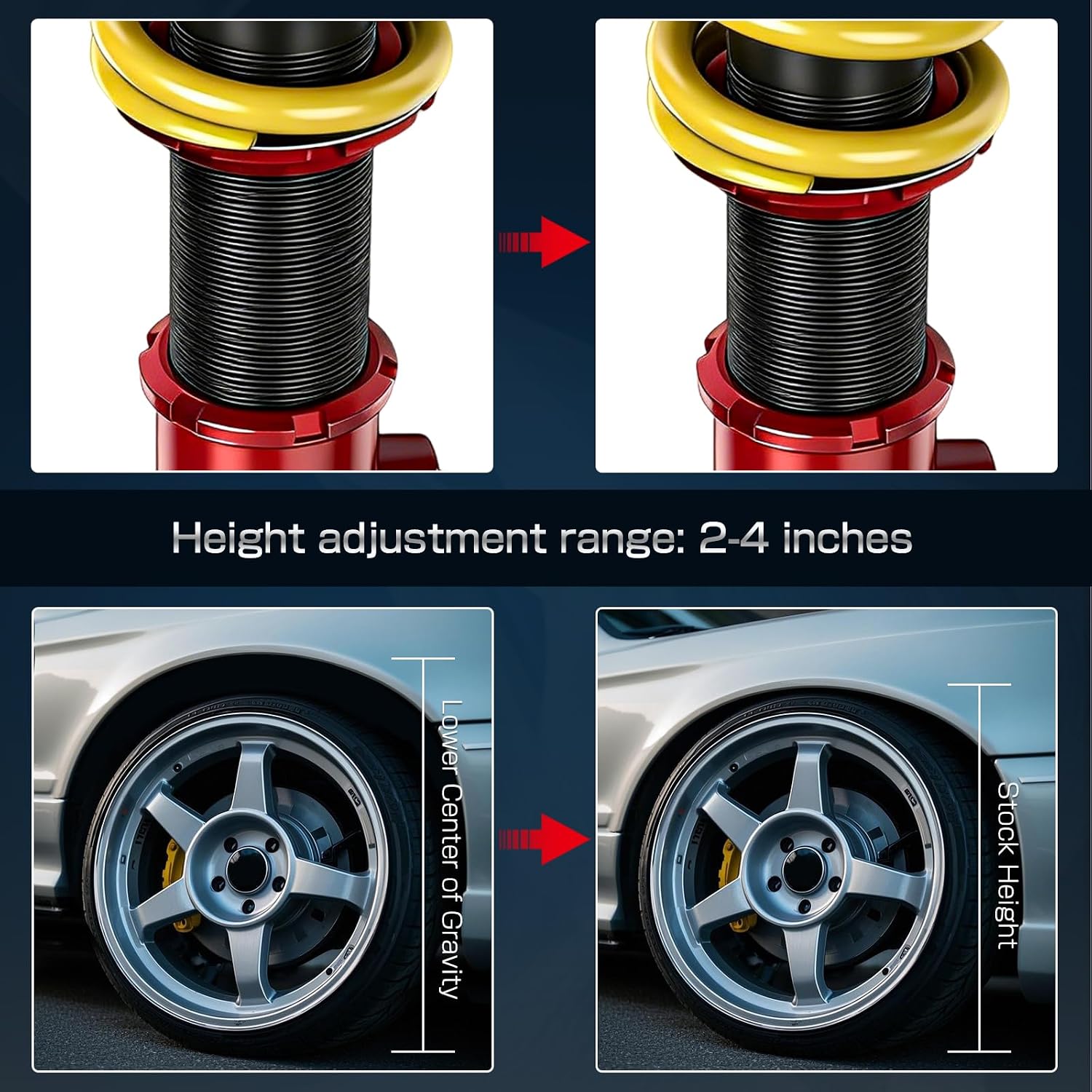 Upgrade Adjustable Coilovers Compatible with Ford Mustang 1994-2004 High-Strength Coil Spring Absorber Struts Suspension Lowering Kit Red
