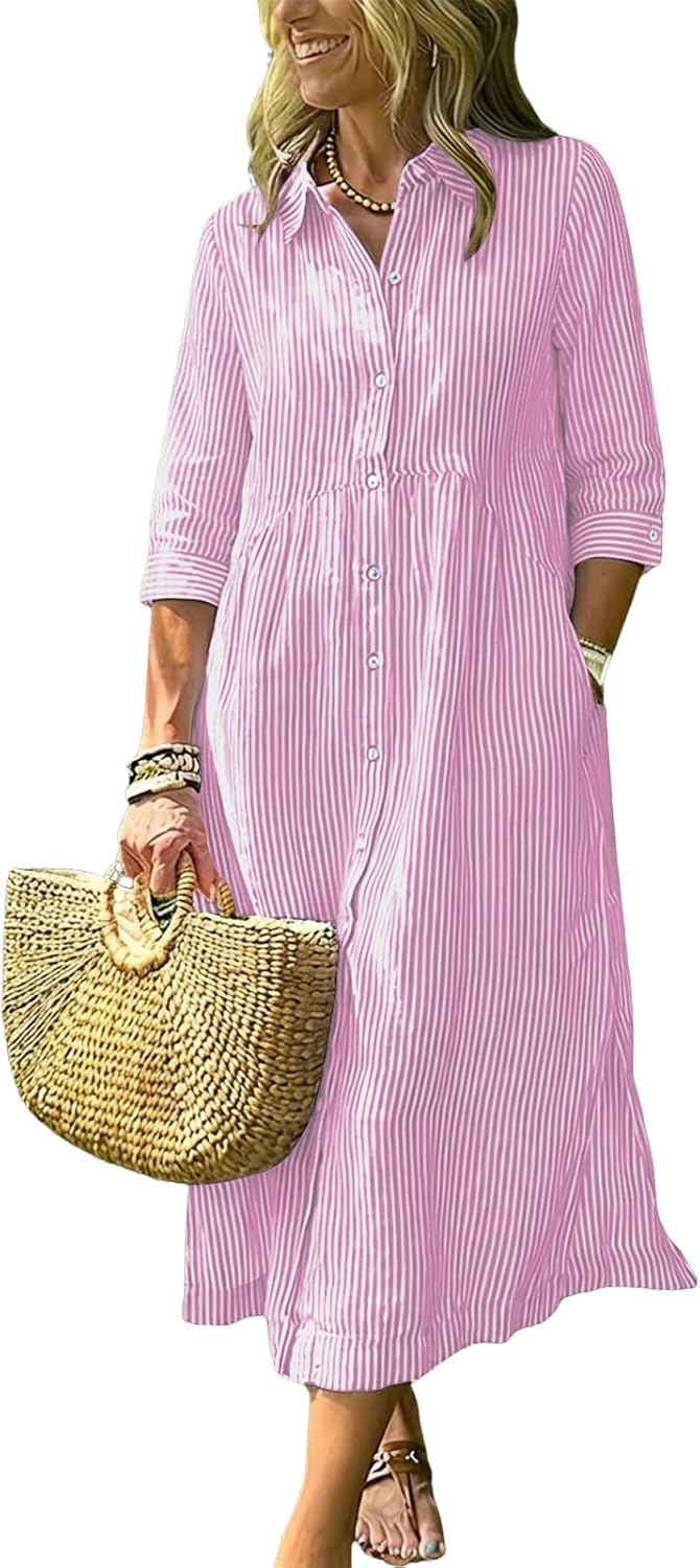 ebossy Women's Boho Striped Shirt Dress 3/4 Sleeve Button Up Side Slit Loose Mid Long Cotton Dress with Pockets