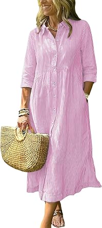 ebossy Womens Boho Striped Shirt Dress 3/4 Sleeve Button Up Side Slit Loose Mid Long Cotton Dress with Pockets