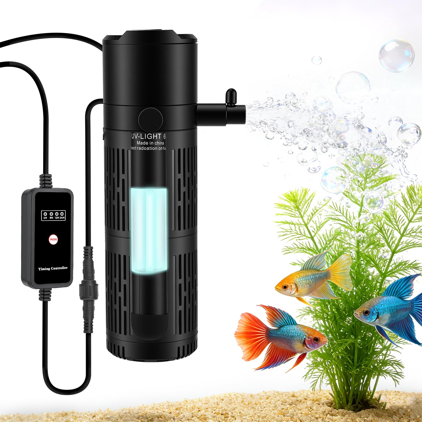 5-in-1 Aquarium Innenfilter mit UV-Sterilisator & Timer, 500 L/h leise Filterpumpe für Aquarien, Belüftung & Regendusche, Multifunktionaler Sauerstoffpumpen-Innenfilter (Geräuscharm)