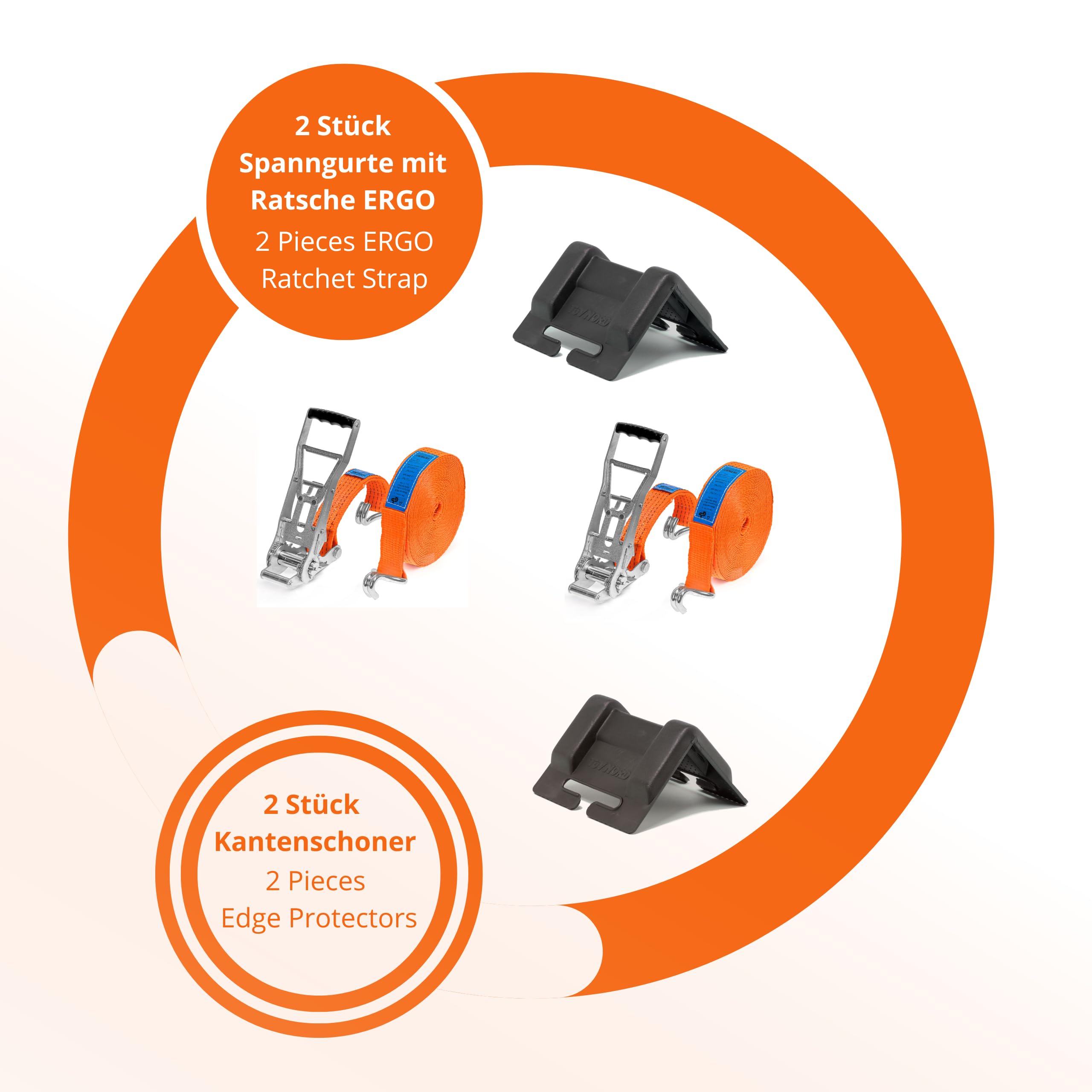 INTAKO Cinta de Trincaje con Tensor Ratchet Ergonómico - 50mm 5000KG 8M - Sistema de Amarre Completo para Camión - 2 Piezas de Cinchas de Amarre y 2 Protectores de Bordes (10m)