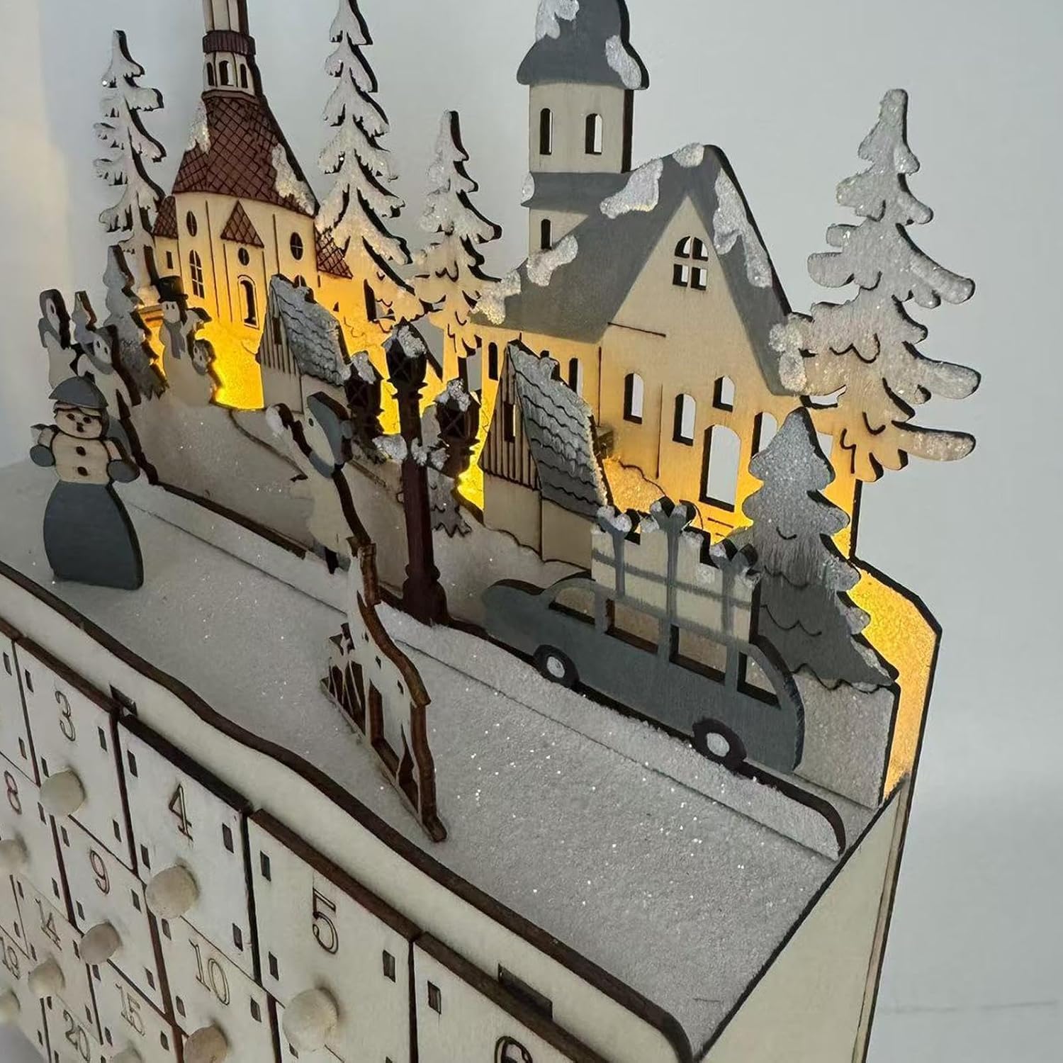 Adventskalender aus Holz, mit 24 Schubladen und LED-Lichtern, Countdown Kalender, Dekorative und Funktionale Geschenkaufbewahrung für Kinder (30x22x8cm)