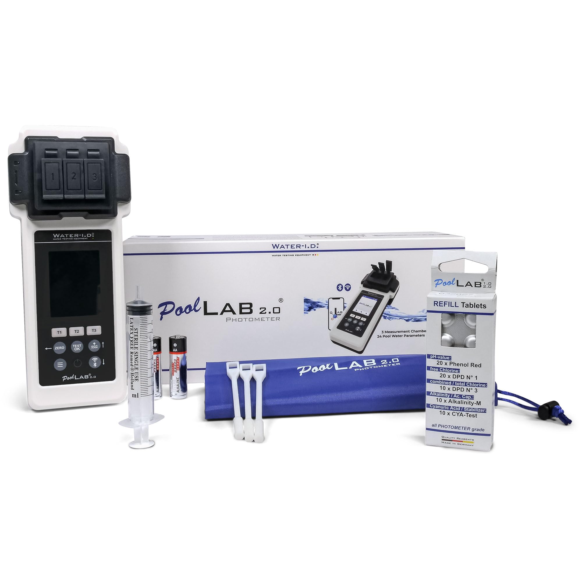 PoolLab 2.0 Photometer inkl. Nachfüllpack - Professioneller Pooltester mit Bluetooth & WiFi - Wasserdicht nach IP68 - Misst 24 Parameter - Wasseranalyse für Pools und Spa