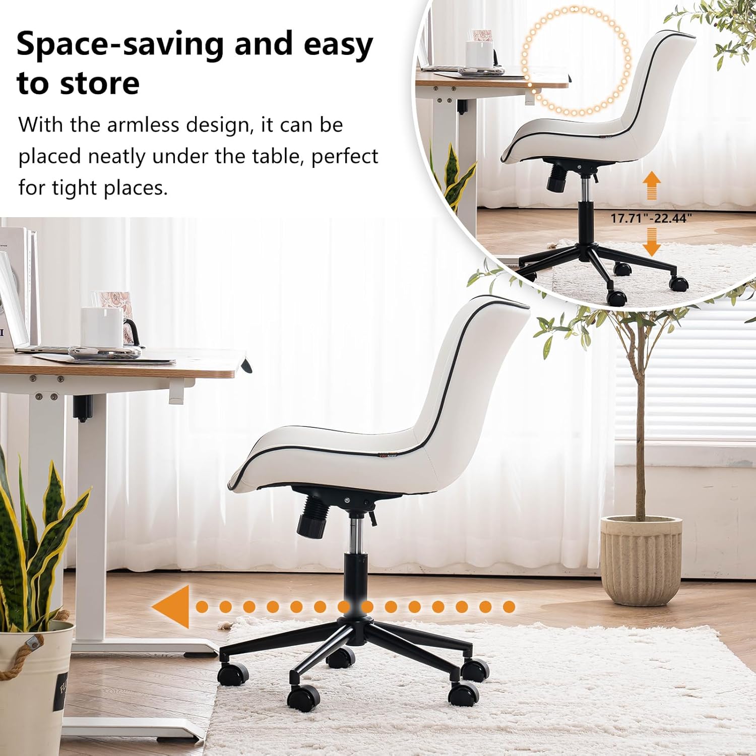 YOUNIKE White Armless Office Chair Faux Leather Small Cute Desk Chair with 12° Rocking Back Adjustable Height Swivel Vanity Chair Ergonomic Compact Home Computer Rolling Task Chair for Small Spaces