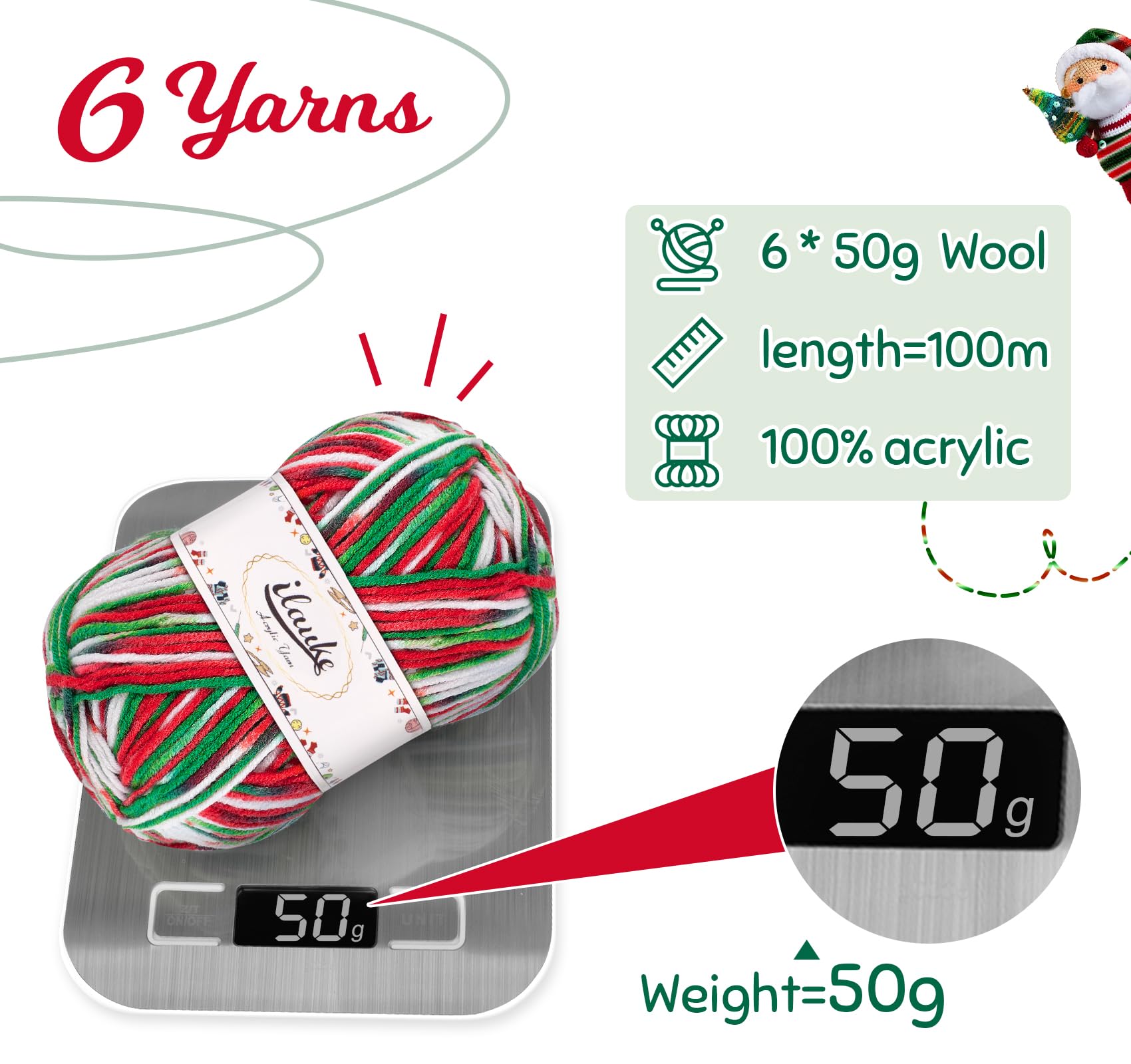 Crochet 6x50g 4-Ply Yarn With Carrying Bag - Christmas Wool Packs for Xmas Gift Dolls DIY Crafts, Blanket - Red, Green & White - Image 2