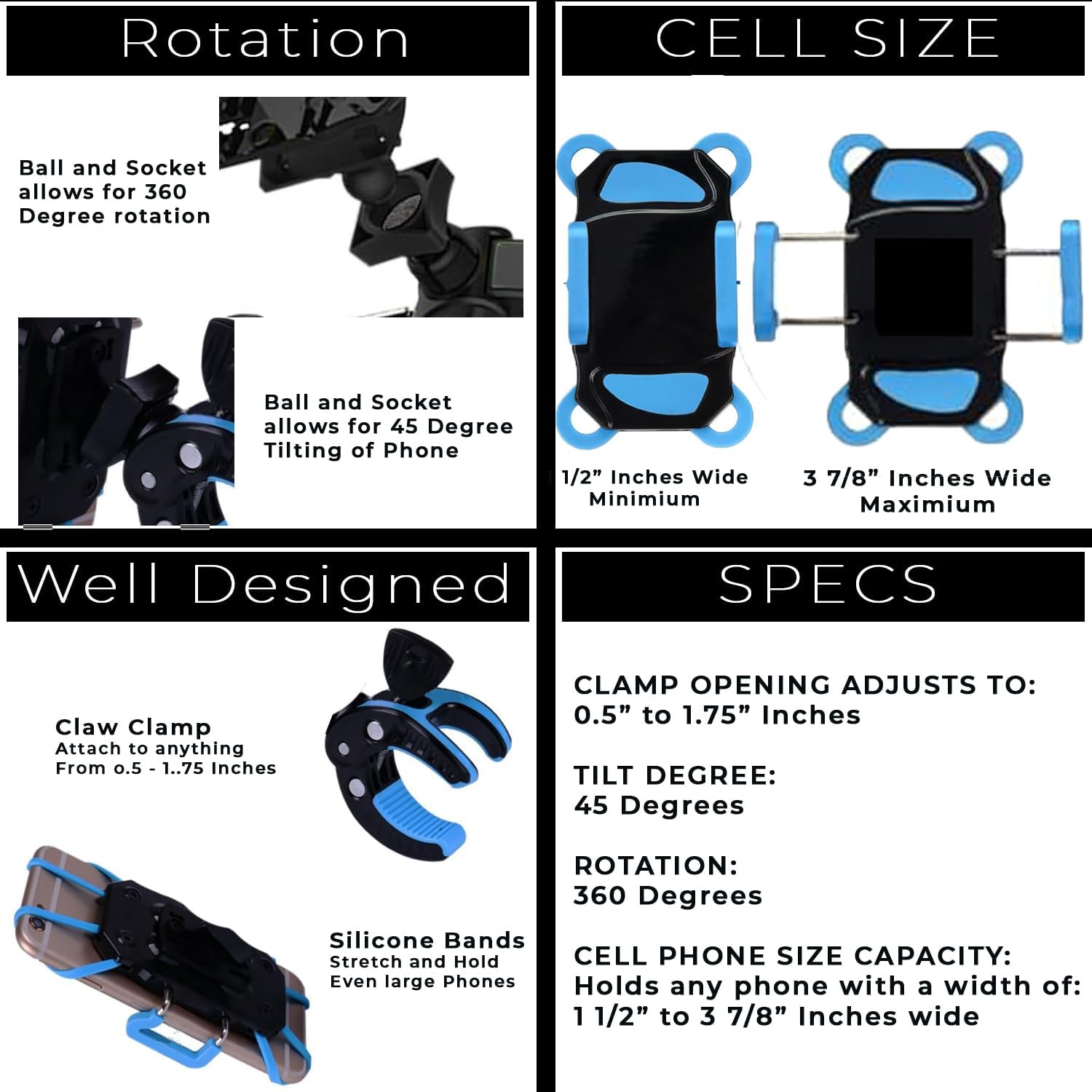 XYZ Supplies® Cell Phone Mount/Holder for Boat, Motorcycle/Bike Handlebars, Microphone, Music, or Drum Stand, iPhone, Samsung, Smart Phone, (Black)