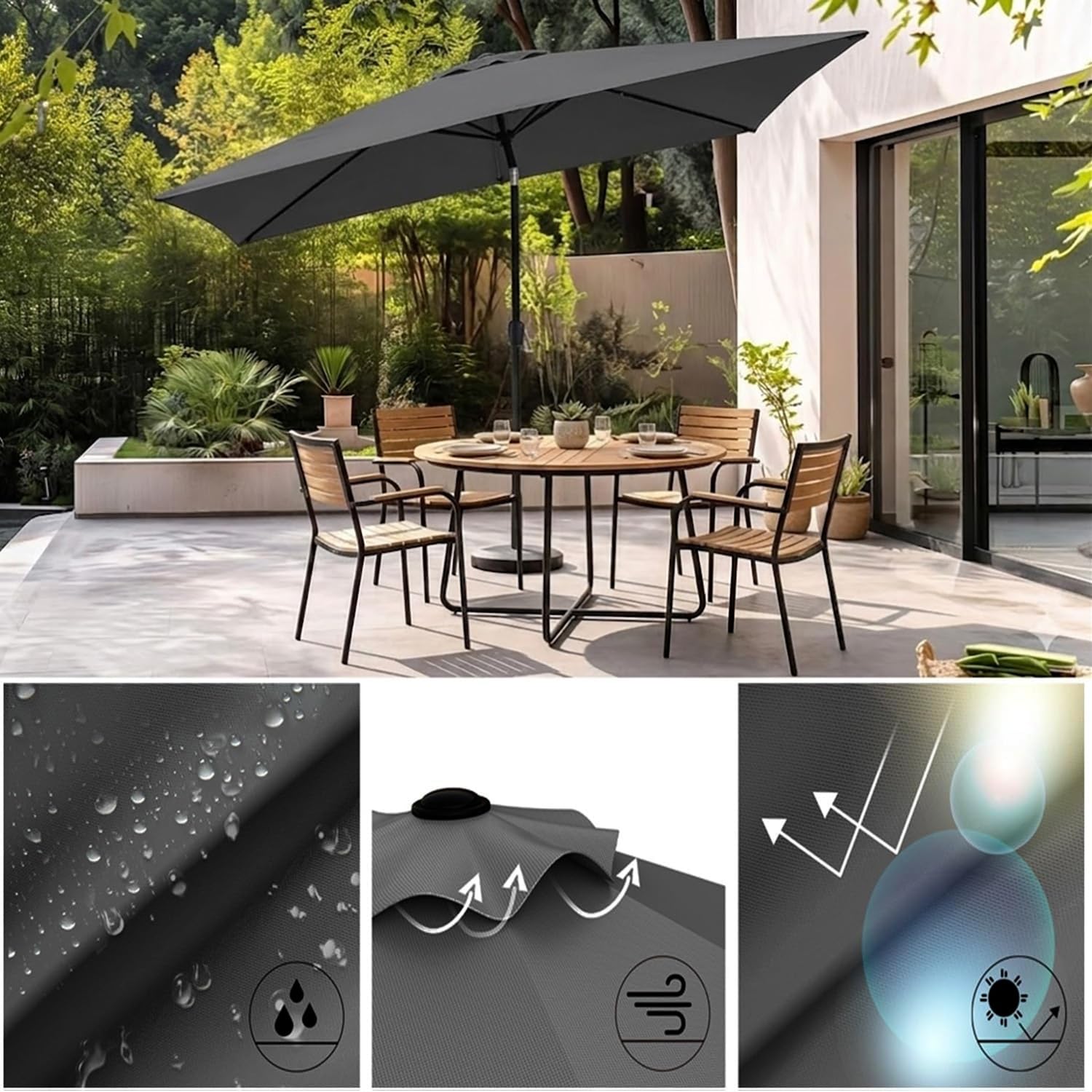 Telo di Ricambio per Ombrellone Rettangolare 3x2m 6 Stecche Copertura in Tessuto per Parasole da Giardino Terrazzo Protezione Solare Idrorepellente(Blu Navy)