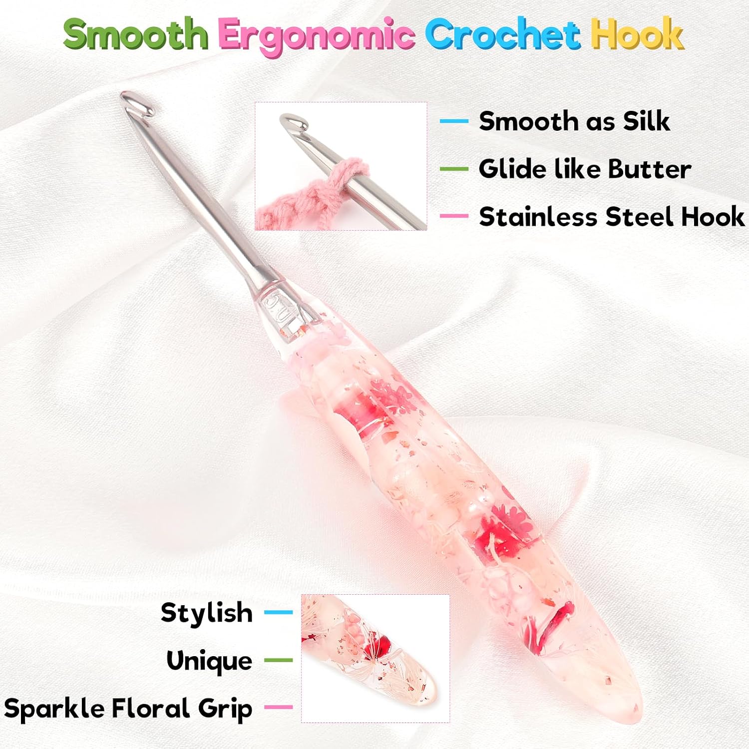 Katech 5.0mm Crochet Hook for Arthritic Hands, Hand-Polished Stainless Steel Ergonomic Crochet Hooks with Customized Sparkle Dried Floral Grip, Soft Tapered Hook-Crochet Gift for Beginner & Crocheter