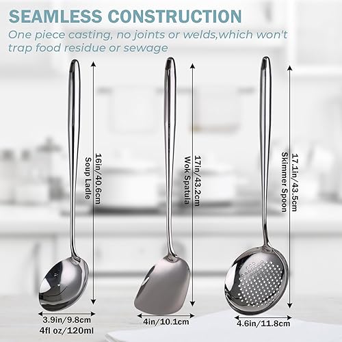 Miniatura 2 de MARTE Juego de utensilios de cocina 304 de acero inoxidable de 17 pulgadas, juego de 4 herramientas de wok resistentes al calor, espátula de wok