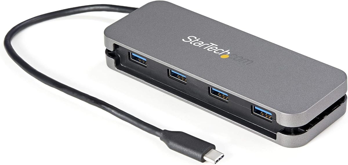 StarTech Hub USB-C de 4 puertos con 4x USB-A, 5 Gbps, administración de cables (HB30CM4AB) | Hub adaptador para portátil USB 3.0 con alimentación USB, 15 W compartido, gestión de cables, cable de 11,2 pulgadas y 28,5 cm, host Thunderbolt 3