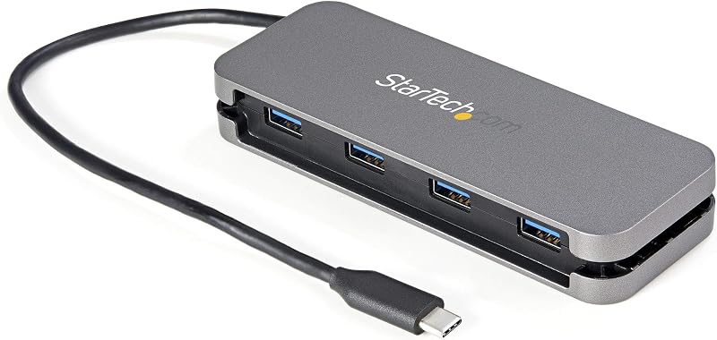 StarTech Hub USB-C de 4 puertos con 4x USB-A, 5 Gbps, administración de cables (HB30CM4AB) | Hub adaptador para portátil USB 3.0 con alimentación USB, 15 W compartido, gestión de cables, cable de 11,2 pulgadas y 28,5 cm, host Thunderbolt 3