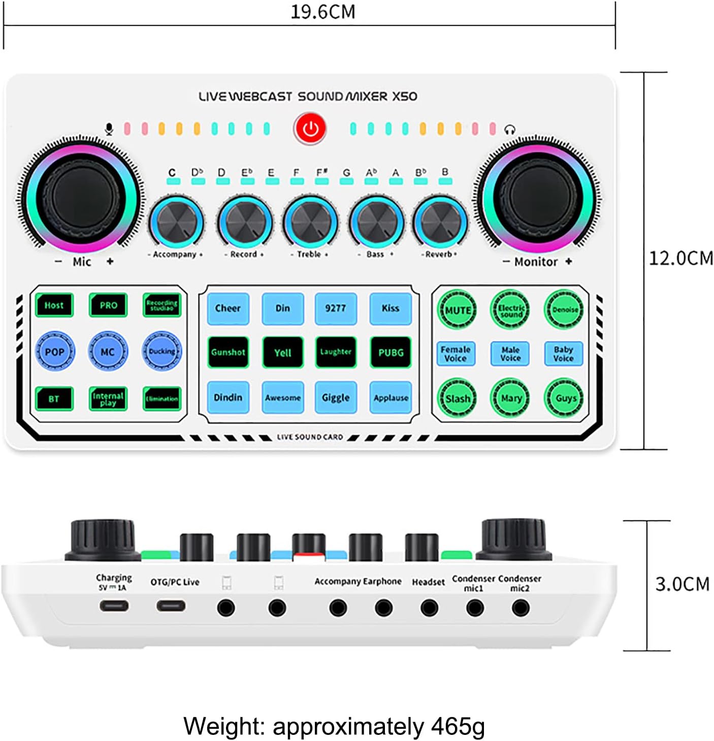 Portable Mixer,Professional Live Sound Card,Knob Design,Support for 12 Kinds of Warming Sound and a Key Mute,with Double Call Simple Port Design,Support for Two People Live at The Same Time