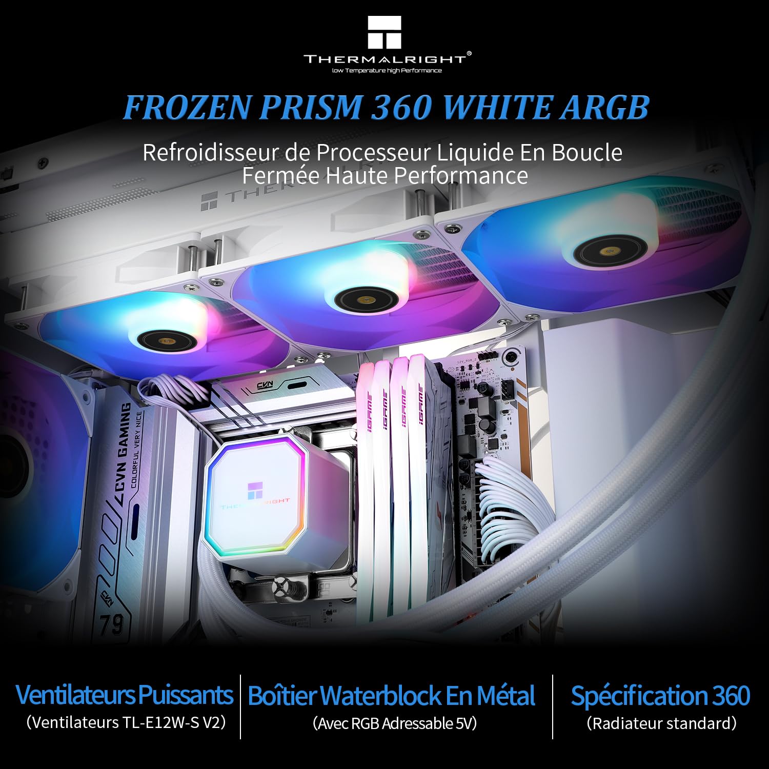 Thermalright Frozen Prism 360 White ARGB, Enfriador de agua líquida para CPU con ventilador PWM ARGB de 120 mm, Enfriador de agua para ordenador compatible con AM4/AM5, Intel 1700/1851/1150/1151/1200