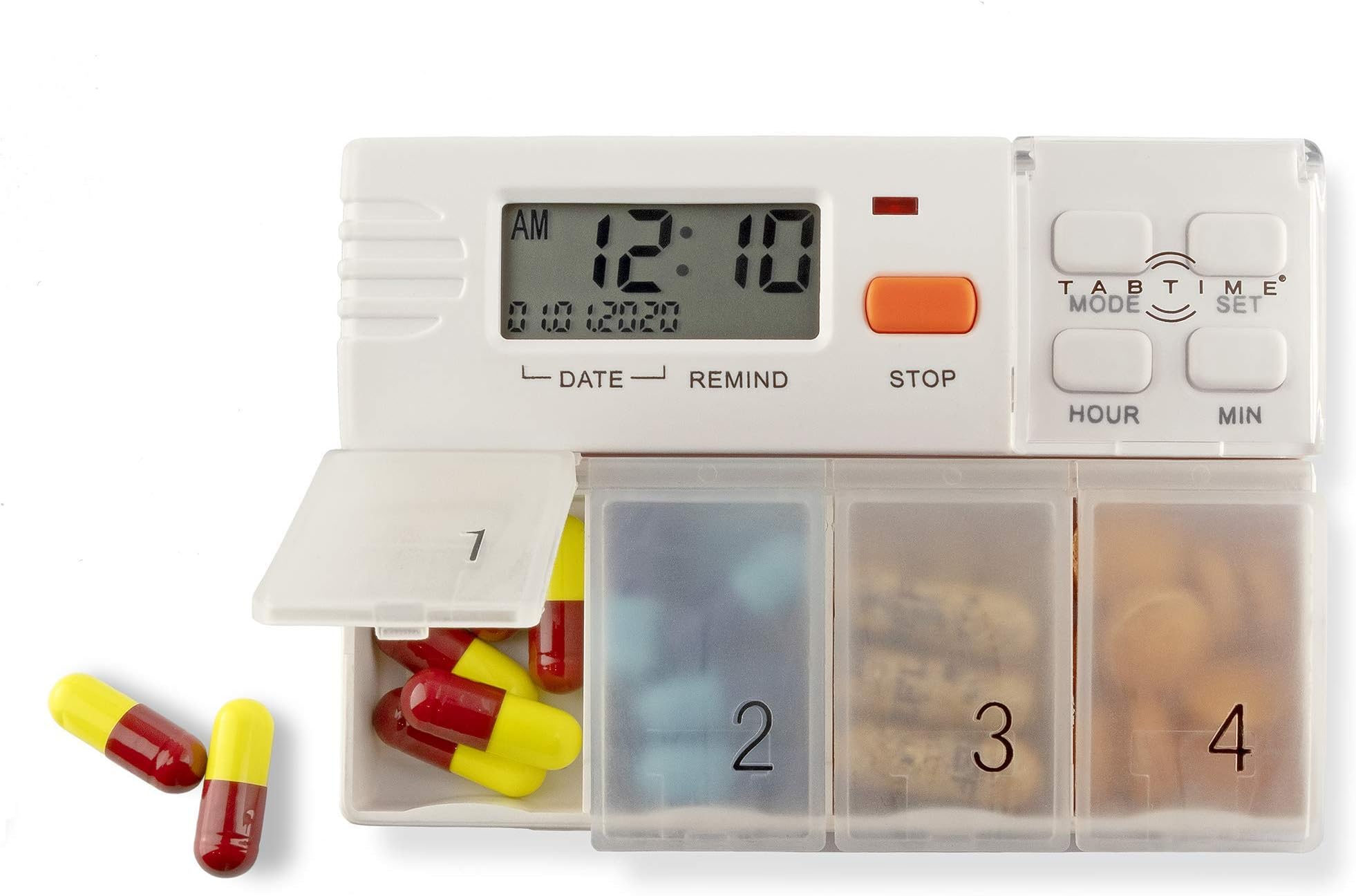 TabTime Pill Dispenser with 4 Alarms, Extra Large Compartments, Automatic Reminder