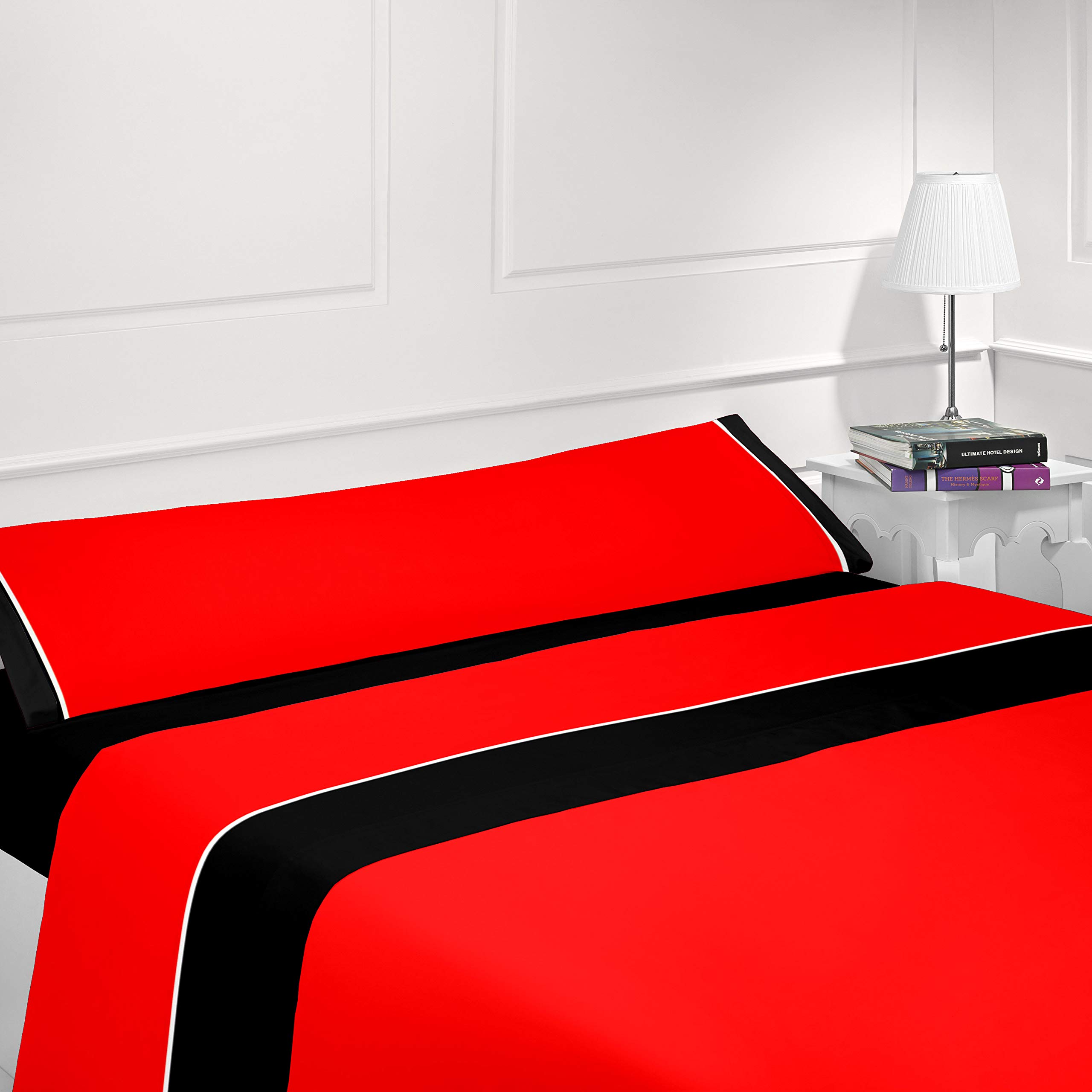 CABELLO TEXTIL HOGAR - Juego de sábanas Lisas Bicolor 3 Piezas Microfibra (Rojo/Negro, 135_x_190/200 cm)