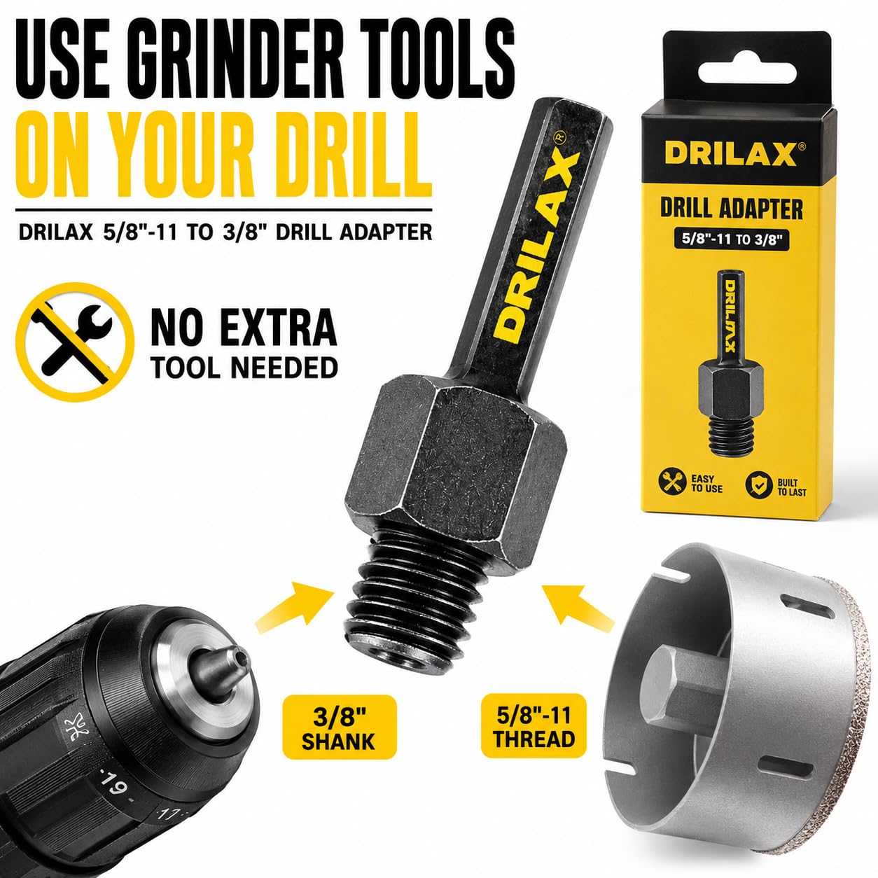 Drilax 5/8"-11 to 3/8" Drill Adapter – Converts Angle Grinder Accessories to Standard Cordless Drills | for Diamond Hole Saws, Grinding Cups & Polishing Pads — Amazon image 6