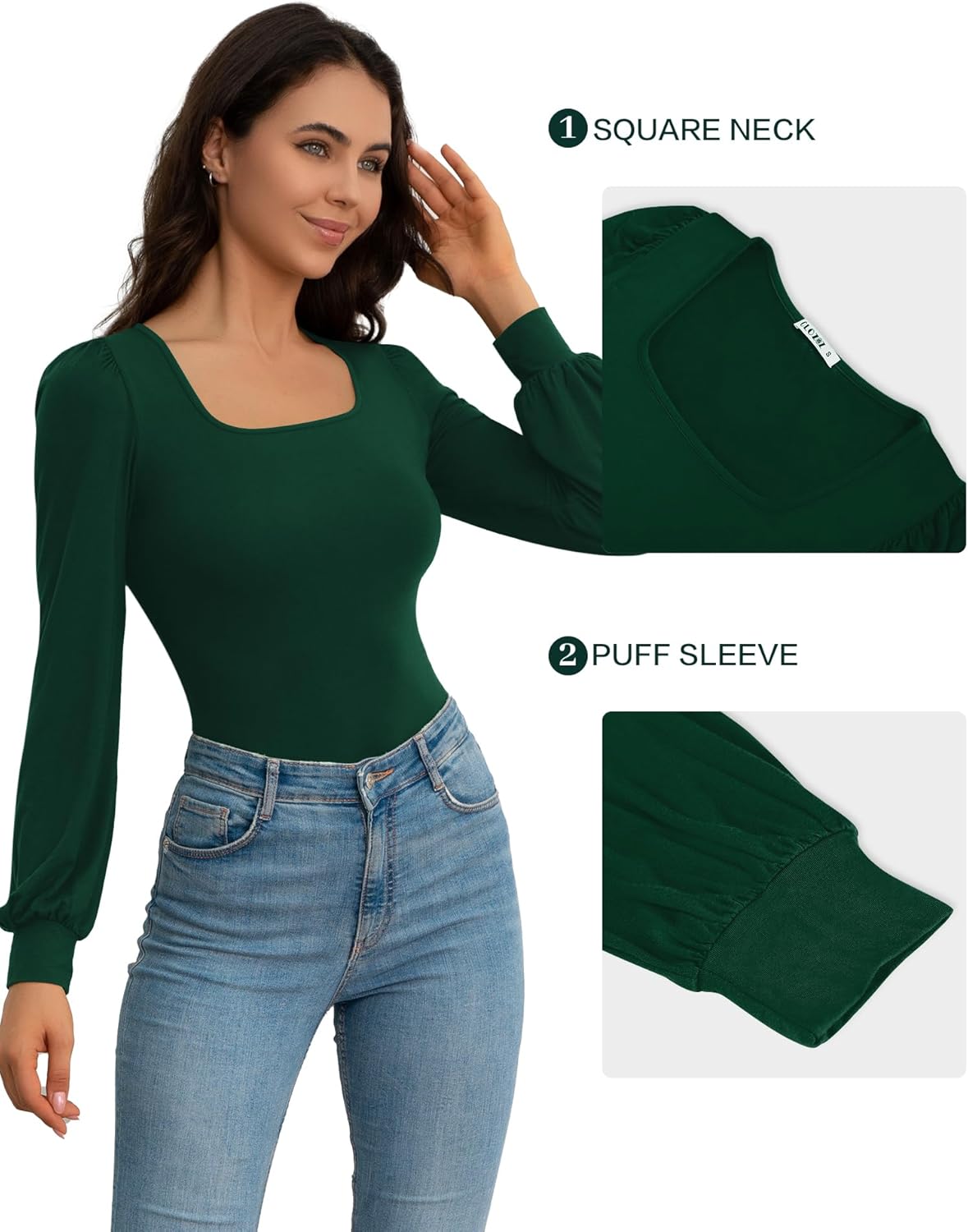 CLOZOZ Square Neck Womens T Shirts Puff Sleeve Shirts for Women Long Slim Fitted Tee Tops - Image 4