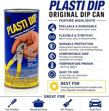 Plasti Dip Black Original Dip Can 14.5 fl oz Peelable Multi-Purpose Rubber Coating for Tool Handles, Grips, Household Items, Auto Parts & DIY Projects Flexible, Durable, Removable Finish