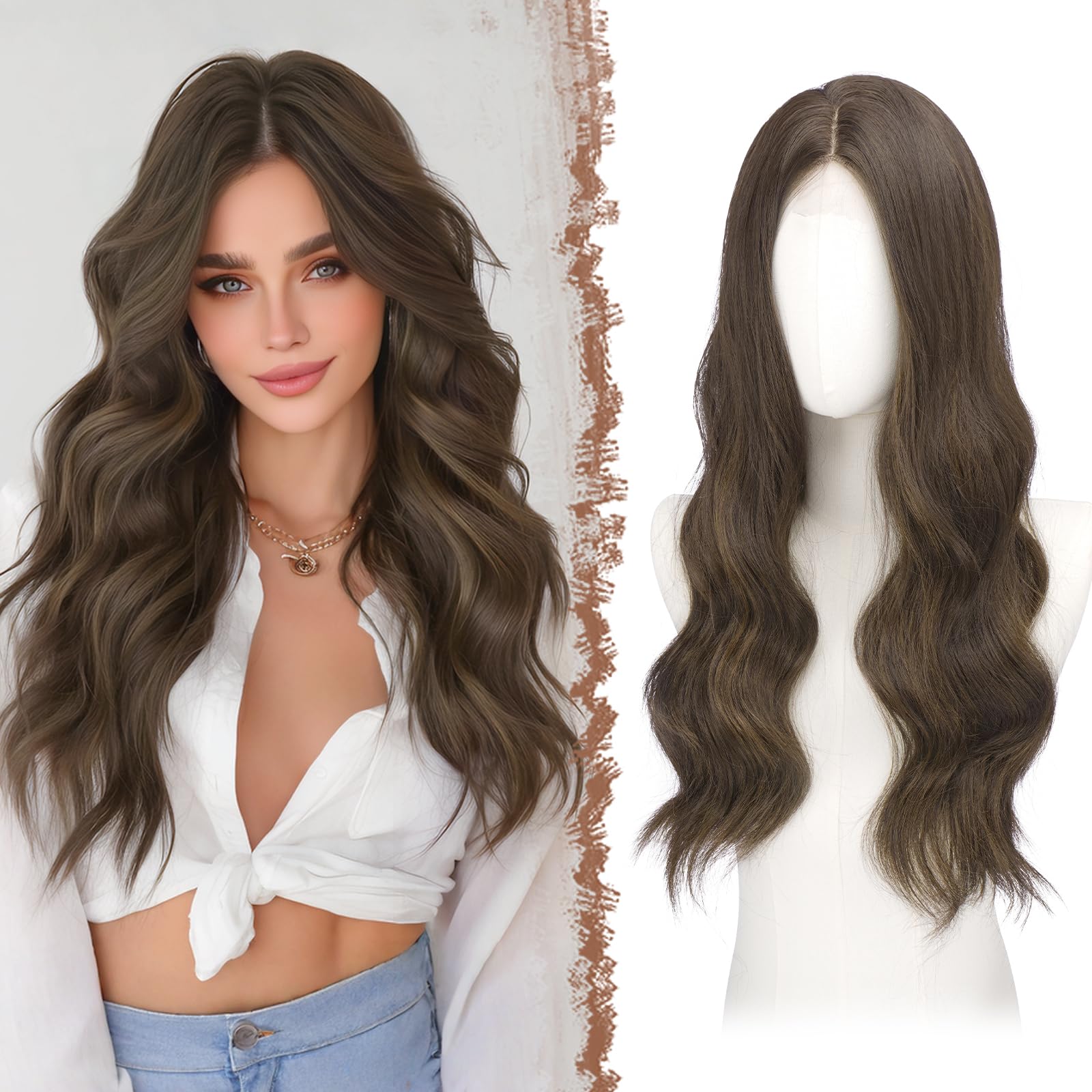 FESHFEN Lace Front Lange Gewellt Braun mit Highlights Perücke, 60 cm Spitzenfront Frauen Wellig Perücken Natürlich Synthetik Lockige Damen Wavy Wig für Party Täglich Karneval Cosplay Long Wavy Wig