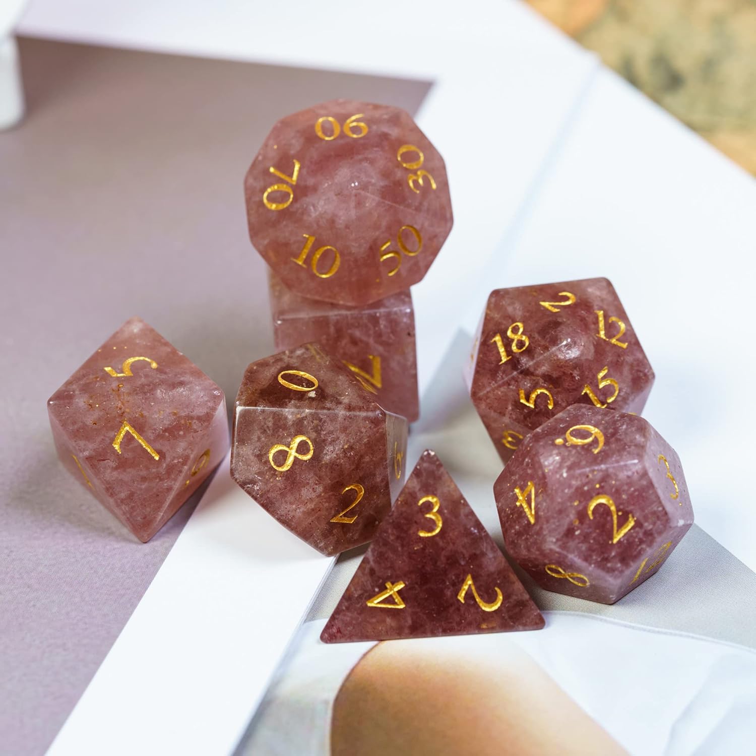 UDIXI Strawberry Quartz Gemstone Dice Set, Stone DND Dice Set for D&D Role Playing Games and Tabletop Games