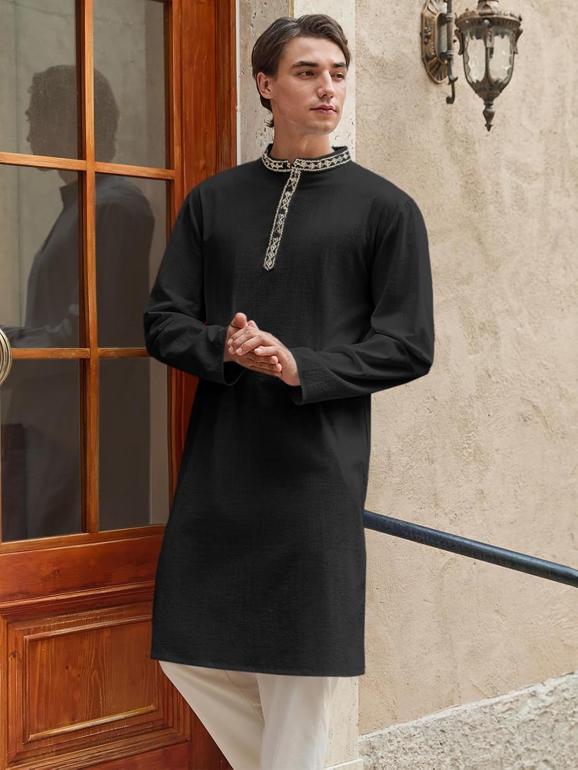 Runcati Mens Cotton Kaftan Robe Long Sleeve Button Down Henley Shirts Thobe Casual Side Split Gown Shirt - Image 3