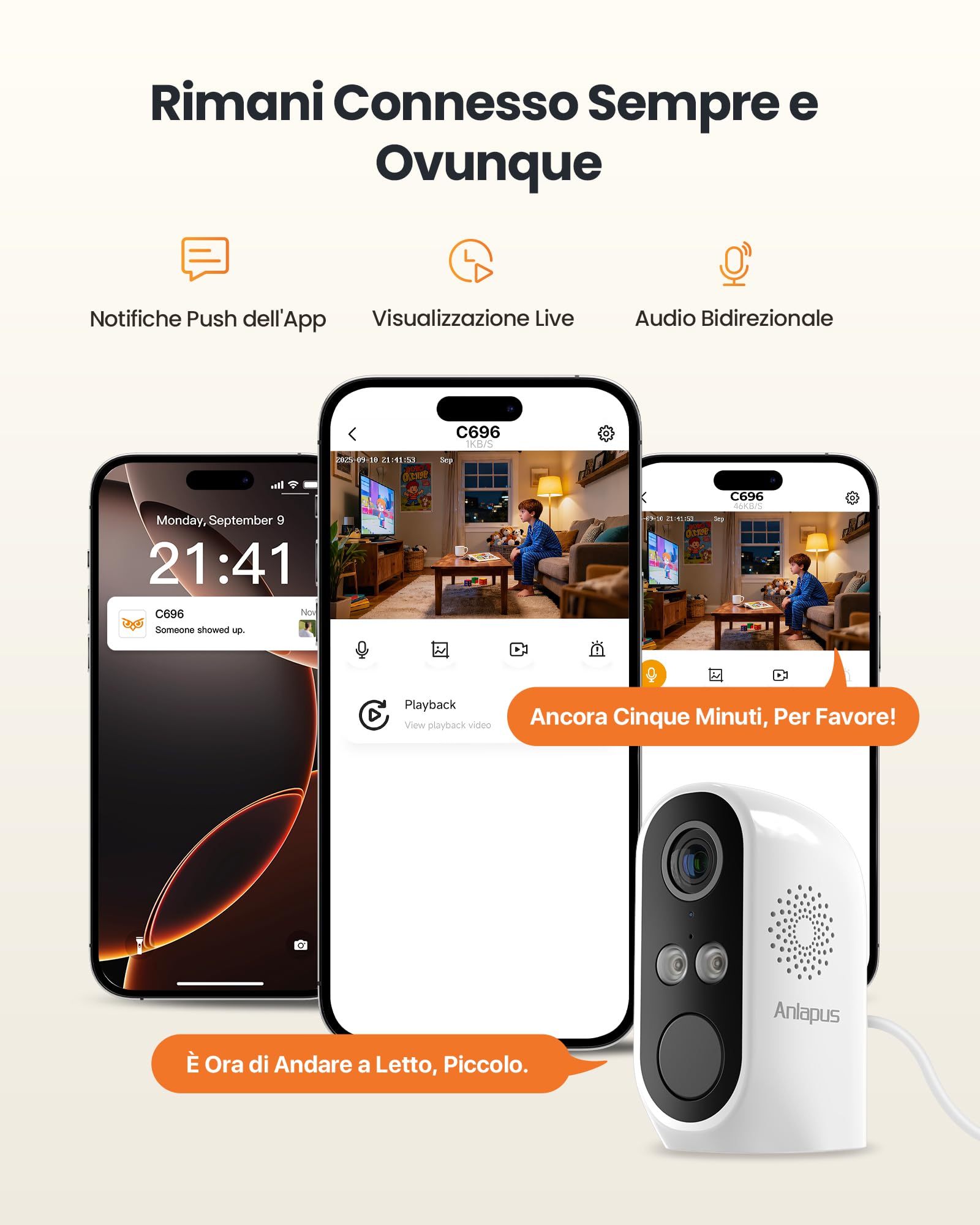 Anlapus 2K, 3MP Confezione da 2 Telecamere di Sorveglianza WiFi 6 Esterno/Interno, Visione Notturna a Colori, Rilevamento Persona/Veicolo, Allarme Acustico e Luminoso, Registrazione 24/7