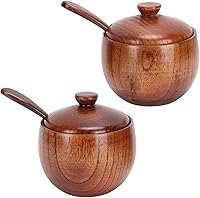 Vista 10 de Caja de sal de madera maciza para condimentos, contenedor de almacenamiento con cuchara y tapa, azucarero de cocina redondo para especias para sal