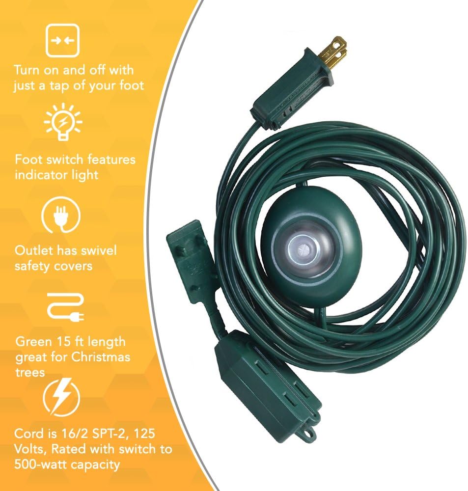 One-Day Sale: Up to 60% Off Woods 10203 Indoor Extension Cord With Lighted Foot Switch And 3 Outlets, Foot Switch Features Indicator Light, Protective Swivel Safety Covers, Versatile Use, 15 Foot, 120 Volts, Green