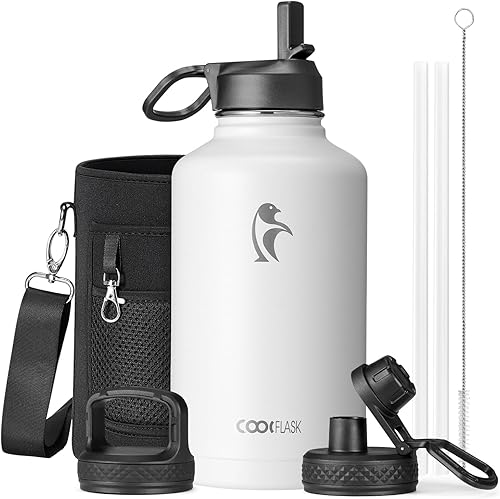 Miniatura 65 de Coolflask - Botella de agua de 64 onzas, aislada, con popote y 3 tapas, con diseño Galaxy, de acero inoxidable al vacío, mantiene las bebidas frías