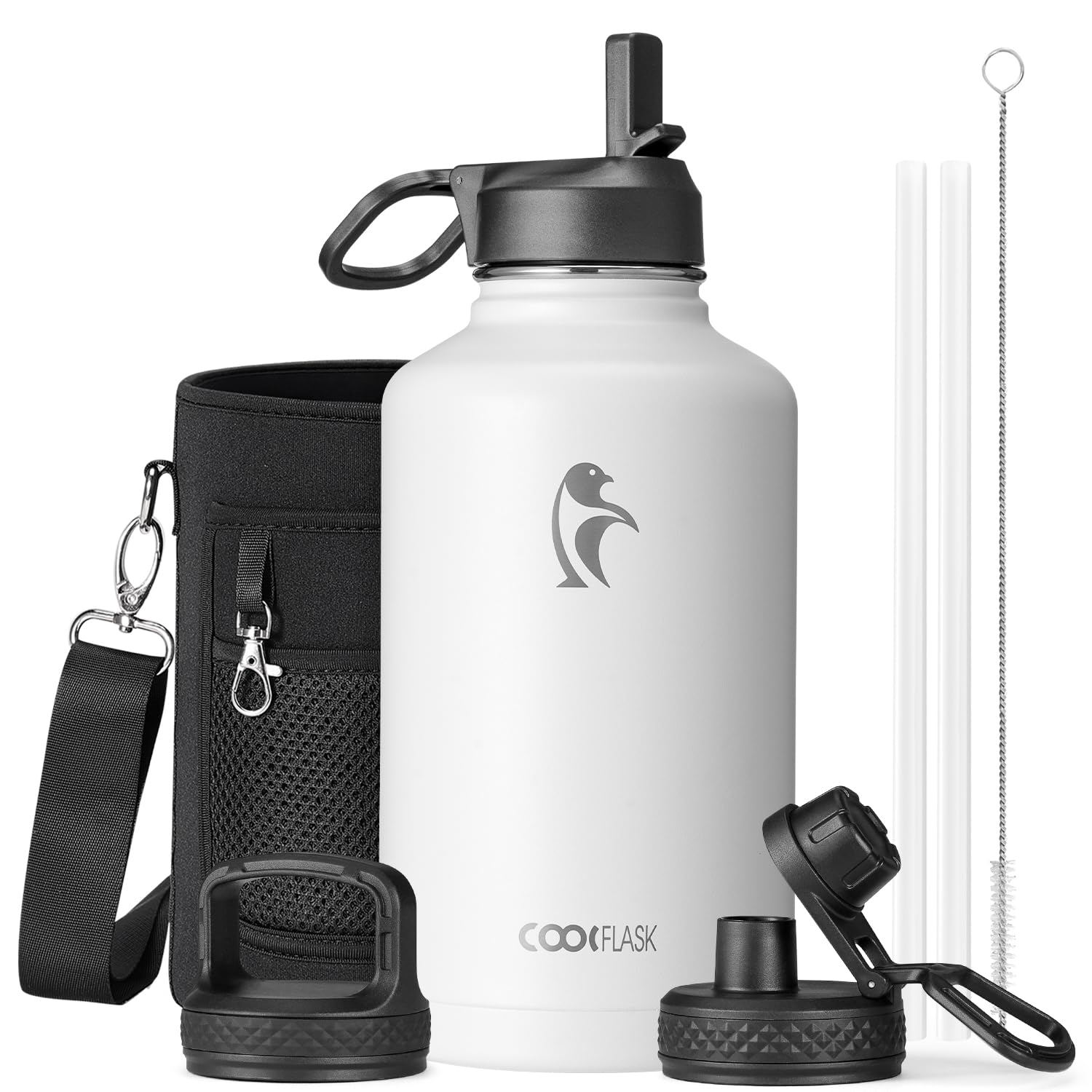 Coolflask Insulated Water Bottle 2L - 3 Lids with Straw & Spout & Handle, Leakproof Vacuum Stainless Steel Water Bottle for Sports, Travel, Gym, 48H Cold & 24H Hot, BPA Free, White โ image 1