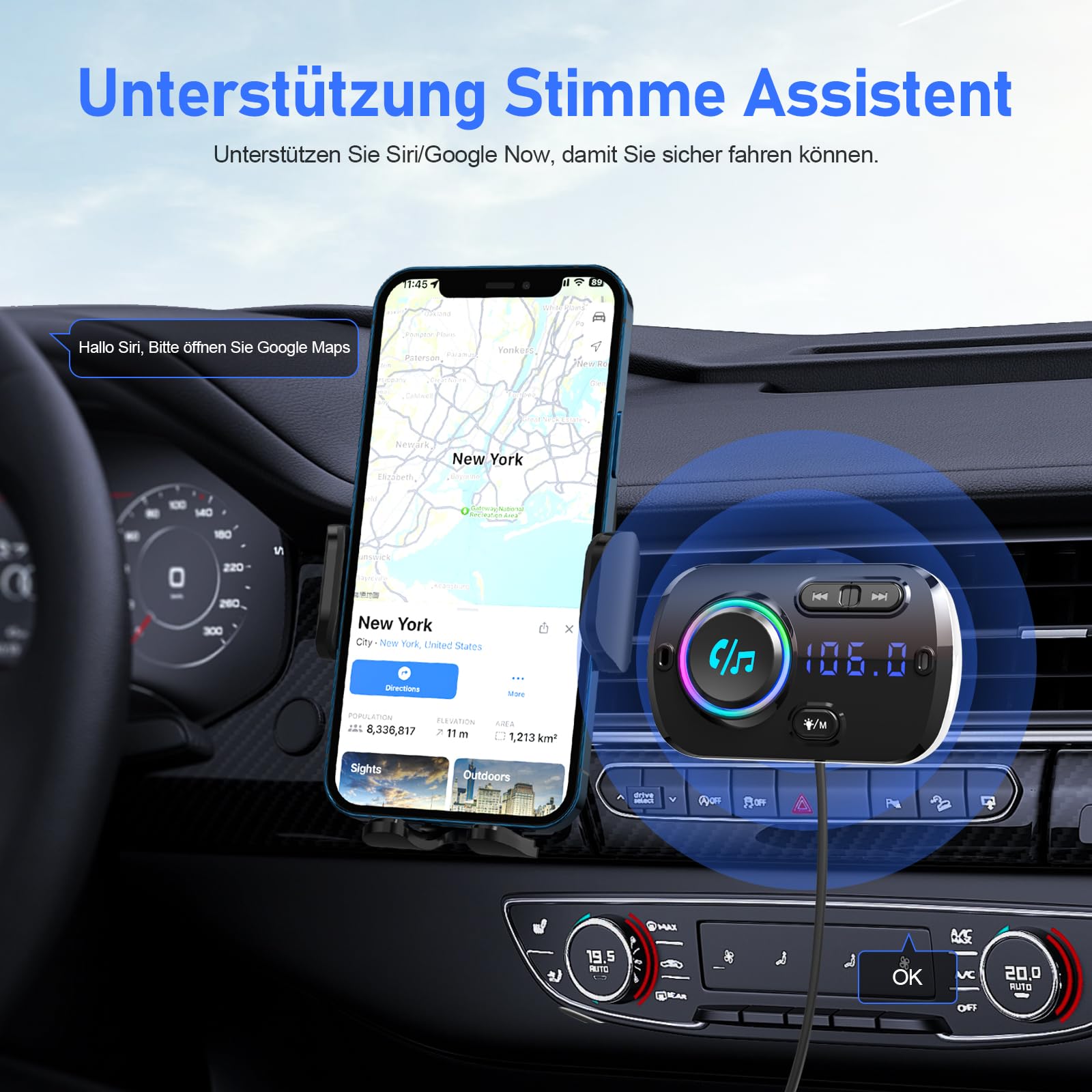 Bluetooth 5.3 FM Transmitter, SONRU Bluetooth Adapter Auto mit Freisprechanlage, [30W PD & 18W QC3.0] Schnelles Autoladegerät mit LED Farblicht Unterstützungs Aux Ausgang und TF Karte