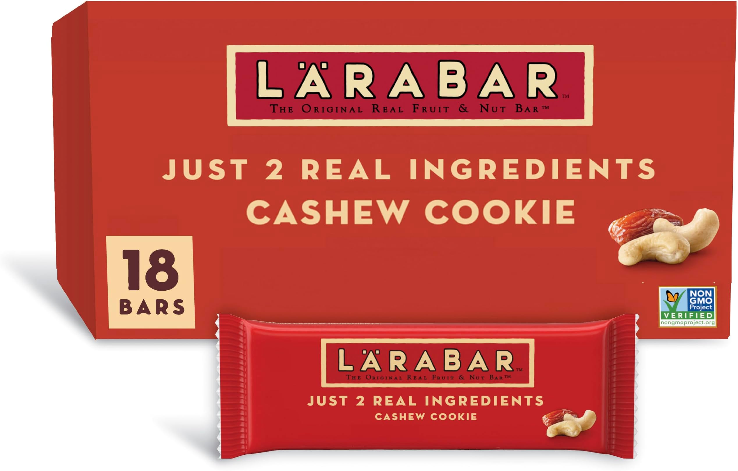 Larabar Cashew Cookie, Fruit & Nut Bars, 18 ct, 30.6 oz | Gluten-Free, Vegan, Dairy Free, Kosher, Non-GMO, No Sugar Added, 2 Ingredients: Cashews & Dates