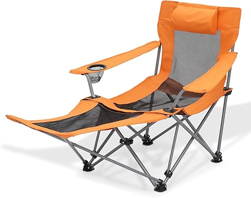 Magshion Silla de camping plegable reclinable con reposapiés para adultos, silla plegable resistente con reposapiés, color naranja