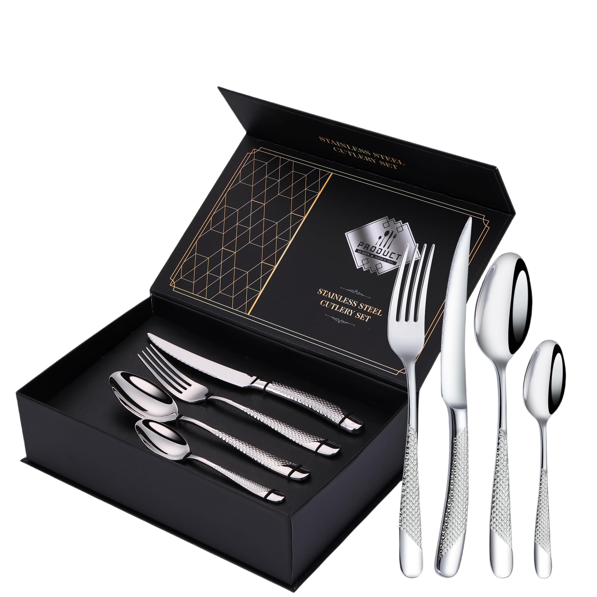 Lot de 24 couverts martelés en acier inoxydable avec couteau, fourchette, cuillère, couverts pour 6 personnes, couverts modernes en argent pour la maison/restaurant/fête